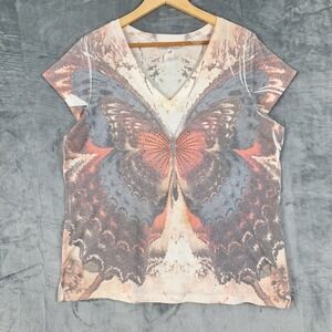 Womens Top Large Vintage Y2K 90s Butterfly Rhinestone All‎ Over Print Casual